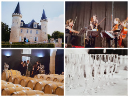 montage photo :  chateau, chai, musiciens, verres